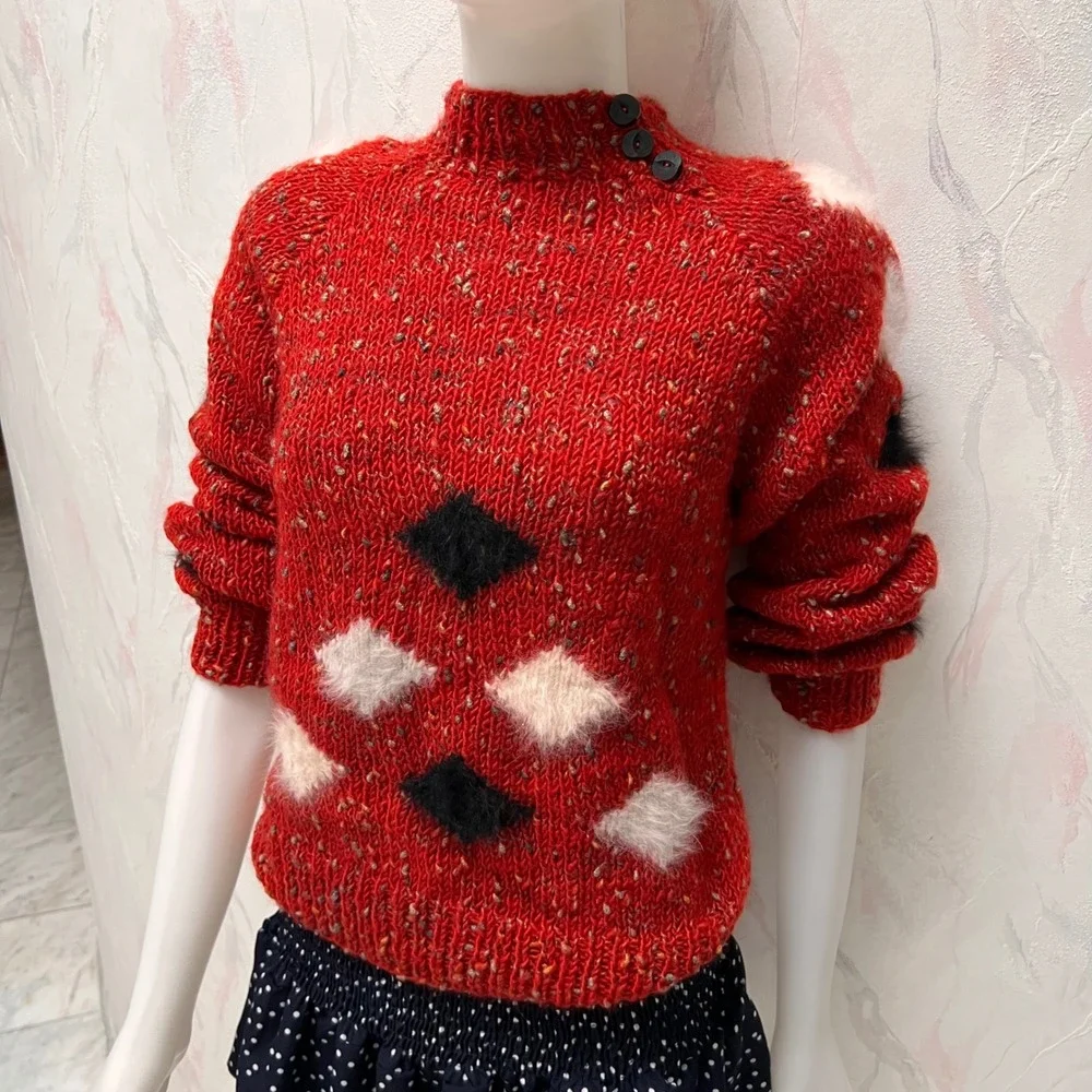 Handknitted Red Chunky Argyle Sweater Mock Neck Grannycore Cabin‎ Preppy Small